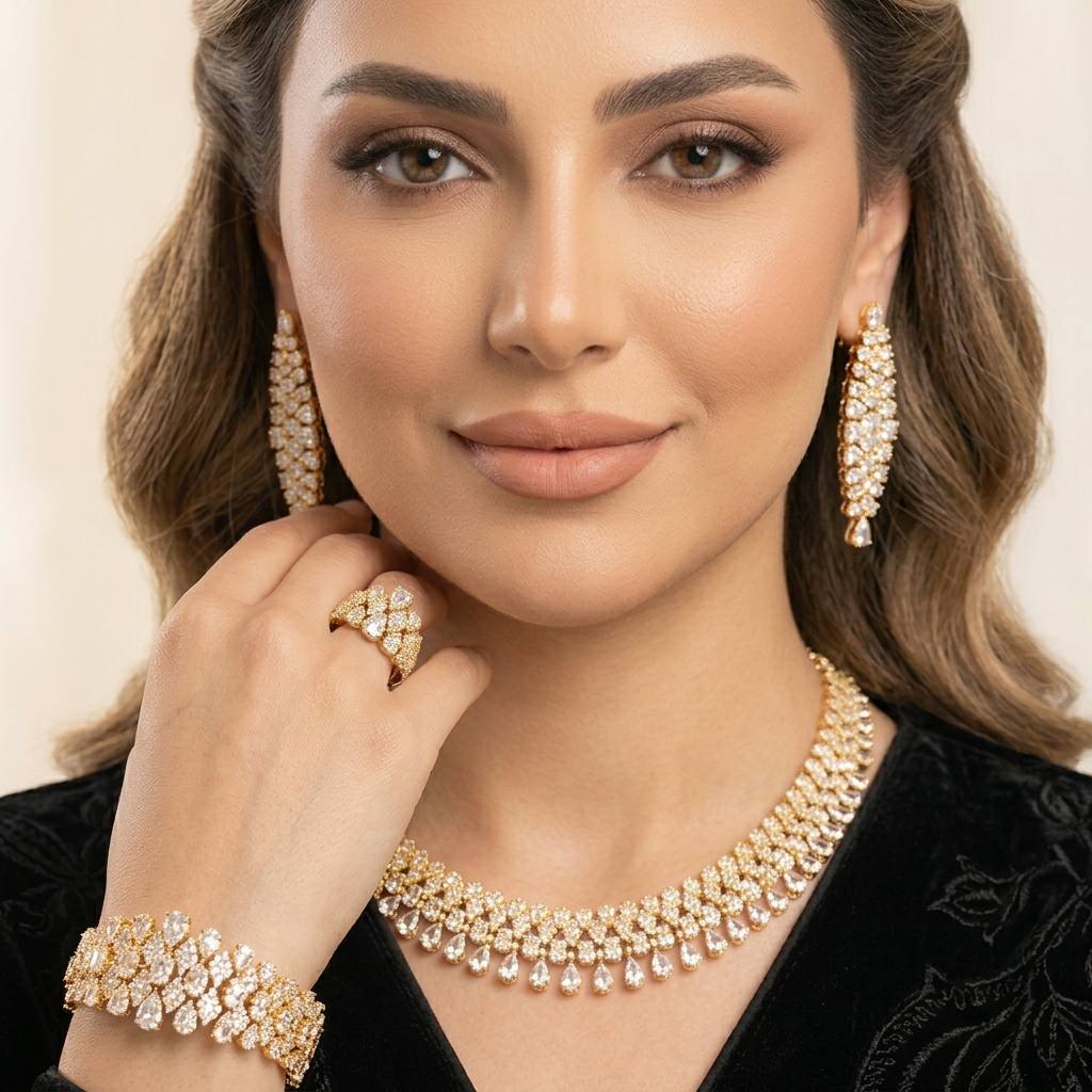 Jazlyn Gold Luxury Bridal Full Set in Premium High-Quality Zircon Stone with Rhodium-Plated