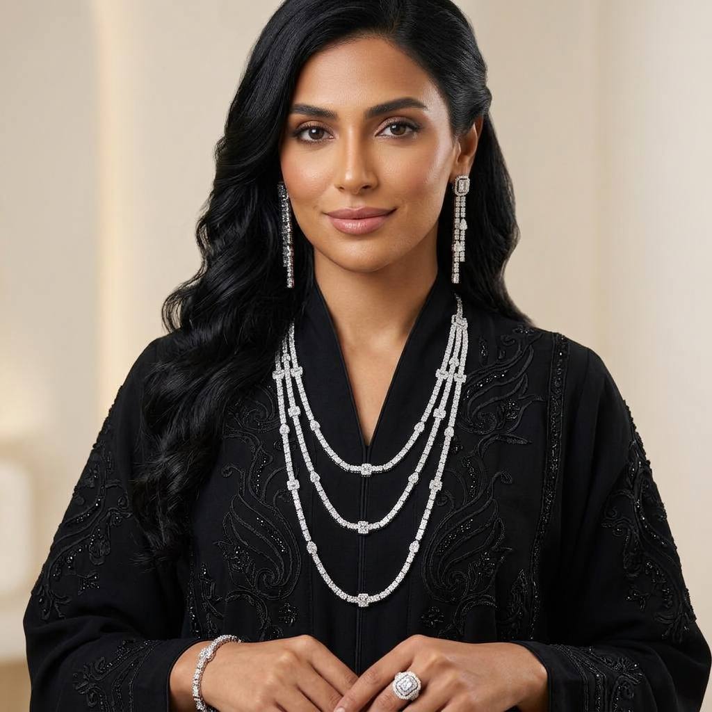 Omnia Layara White Long Chain Full Set with Triple-Layer Necklace in High-Quality Zircon Stone Rhodium Plated