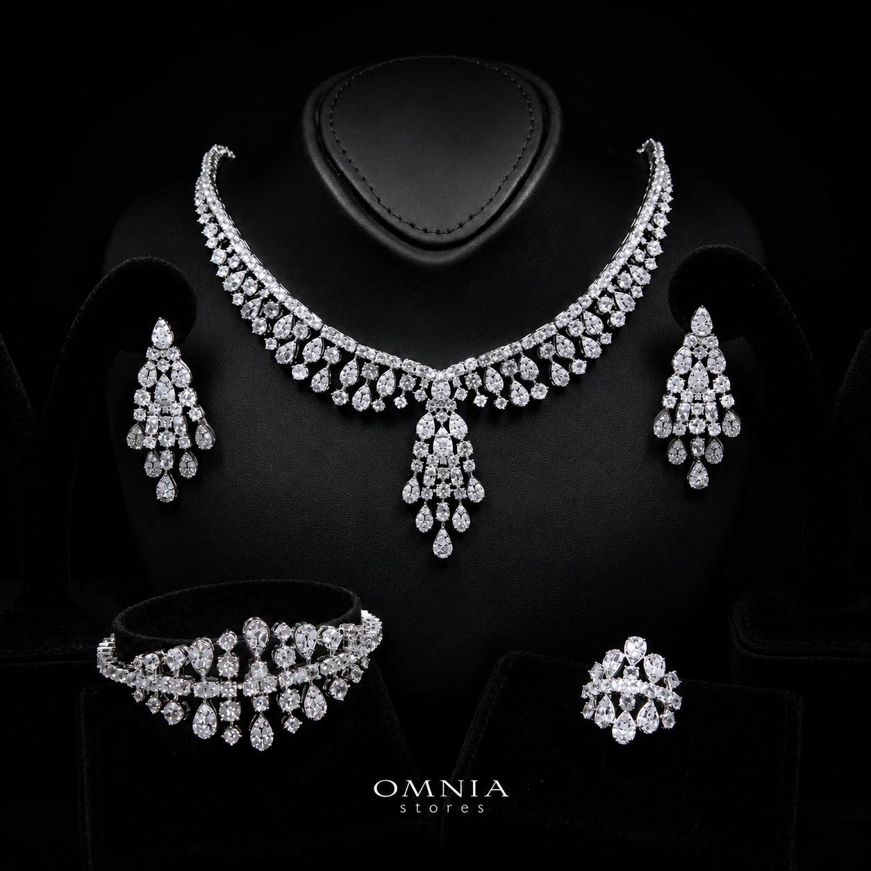 Omnia Minerva Luxury Bridal Full Set Accessories in High Quality Zircon Stone in Rhodium Plated