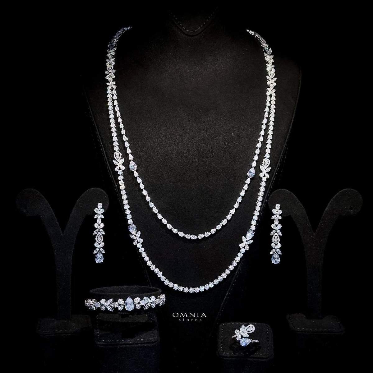 Omnia Yaza Bridal White Long chain Set High Quality Zircon Stone In Rhodium Plated