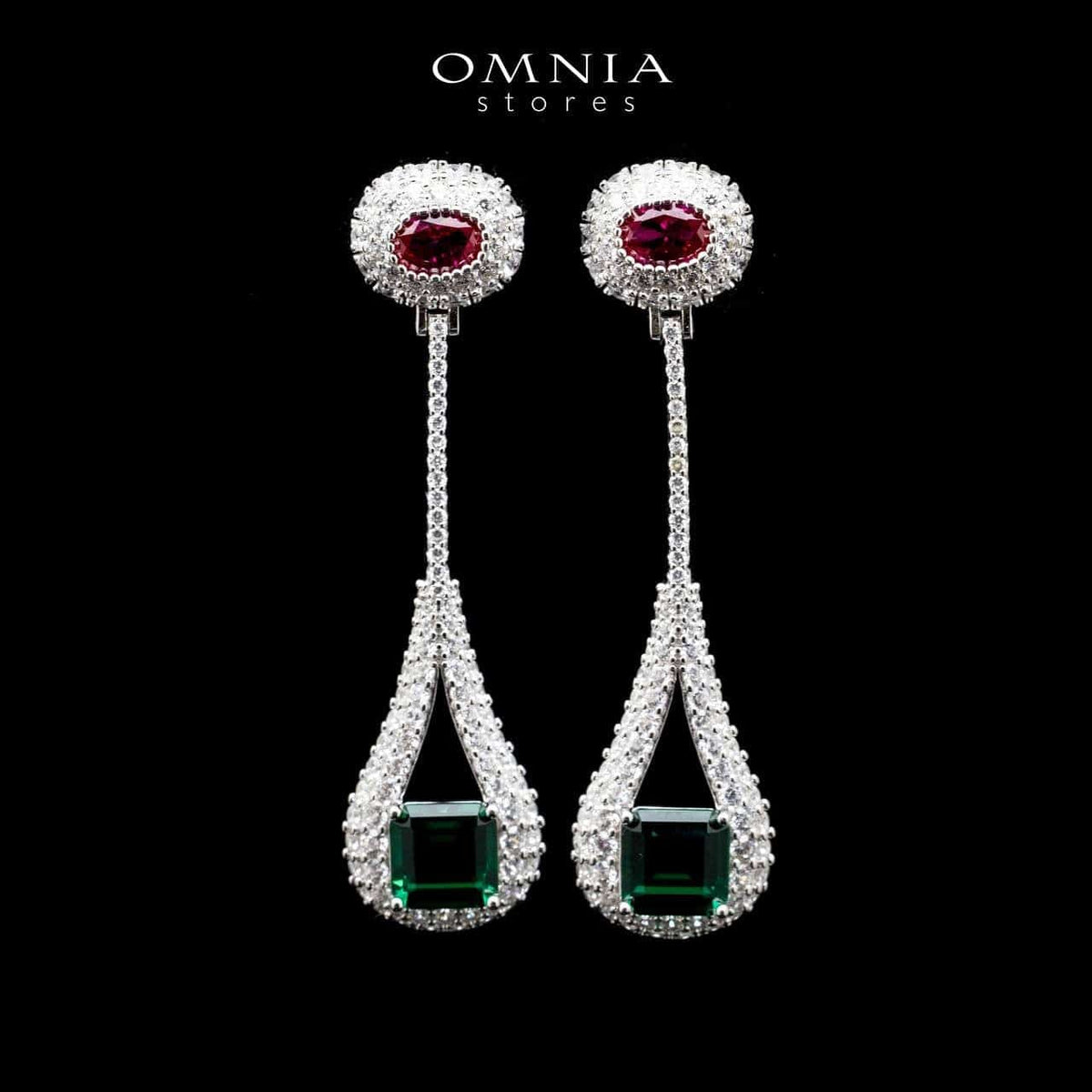 Omnia Sabah Oval and Emerald Cut Long Drop Earrings in 92.5 Silver with High Quality Simulated Diamonds - OMNIASTORES UAE
