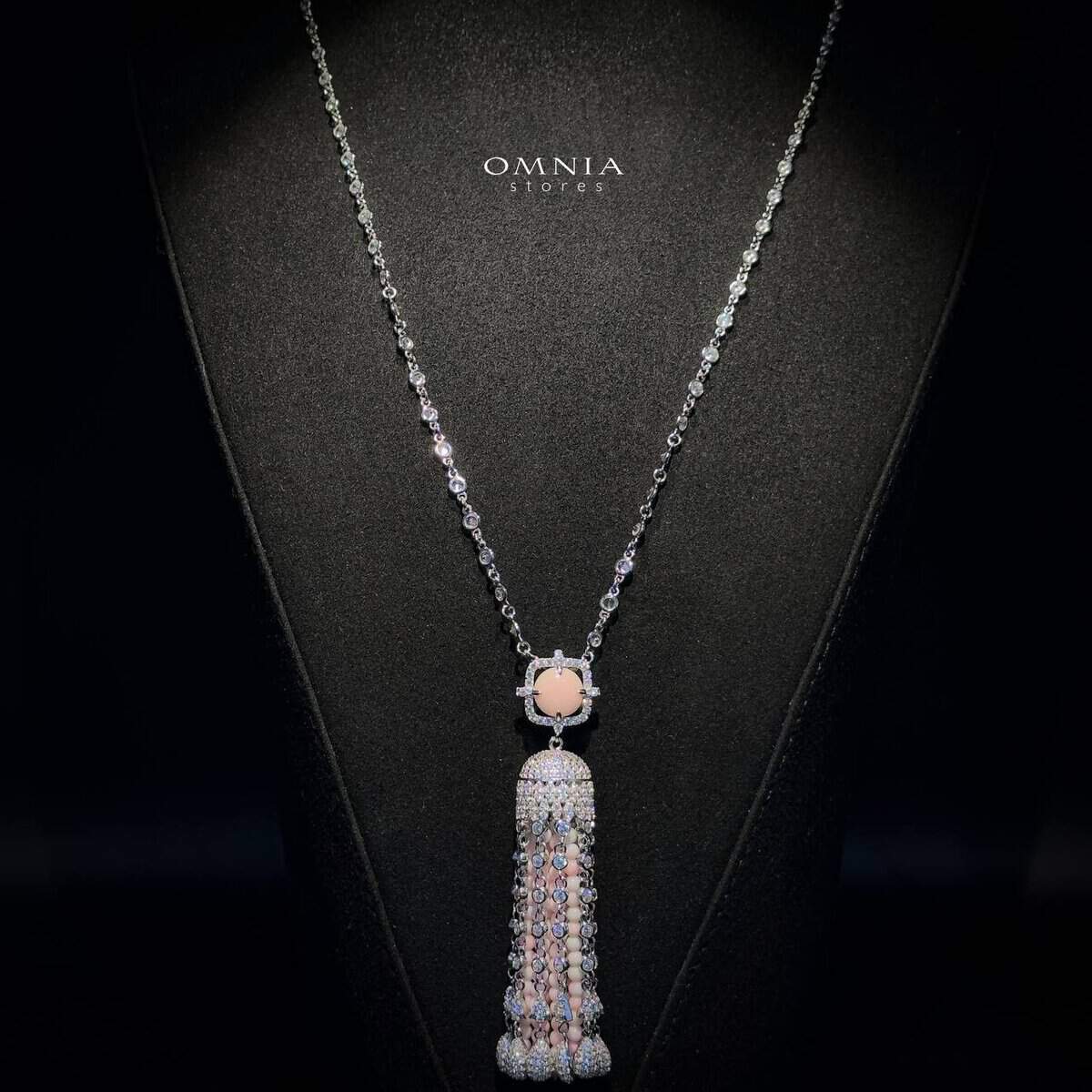 Omnia Yasmin Pink Long Chain Tassel Necklace & Earrings in 925 Silver with High Quality Simulated Diamonds
