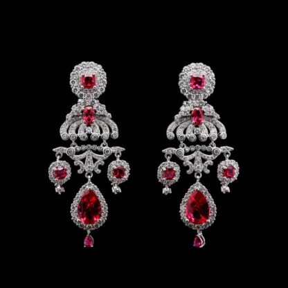 Omnia Amani Chandelier Earrings with Ruby Red Simulated Diamonds in 925 Silver