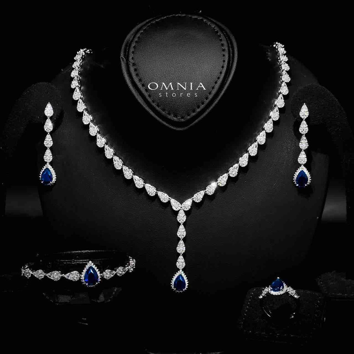 Omnia Radya Blue Bridal Full Set in High Quality Zircon Stone Rhodium Plated - OMNIASTORES UAE