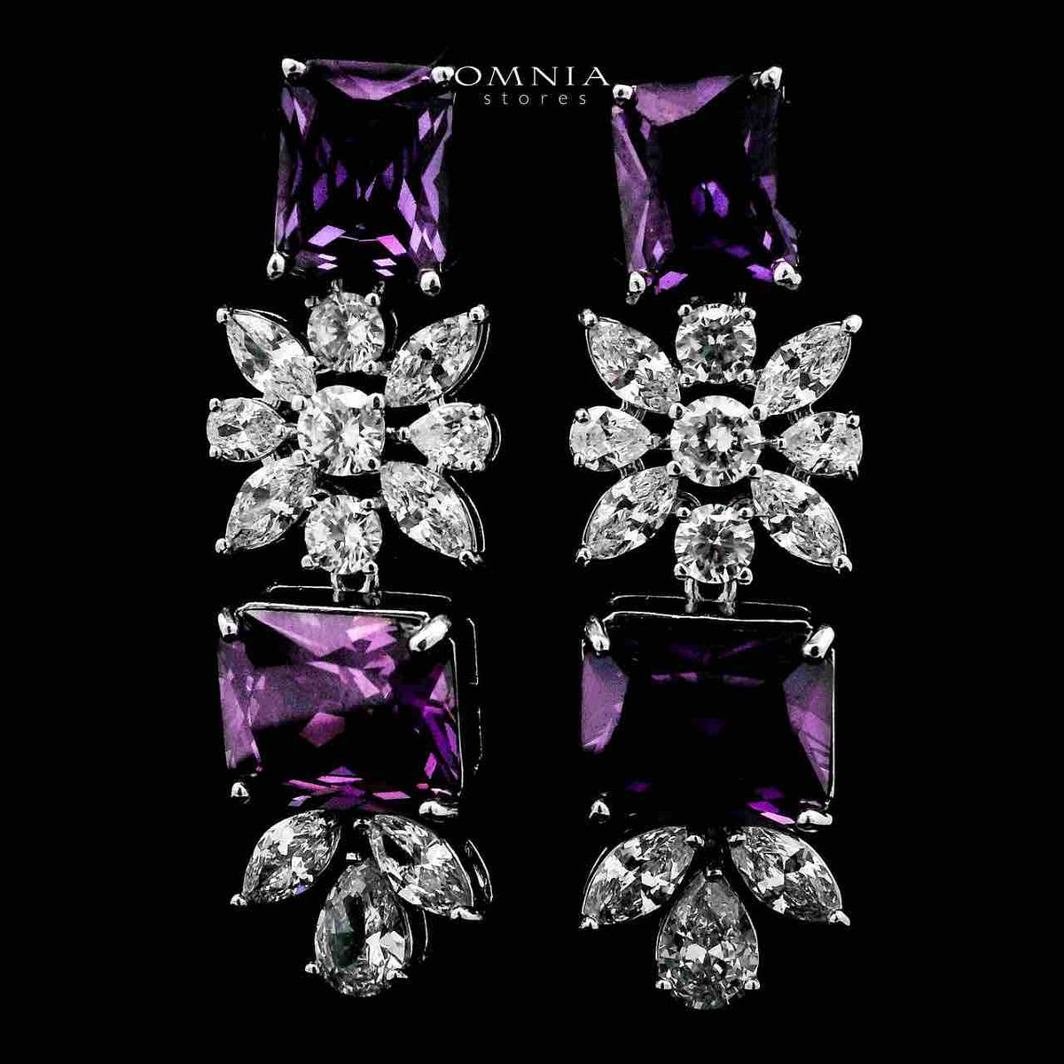 Omnia Charlotte Purple Bridal Full Set with Emerald and Pear-Cut High-Quality Simulated Diamonds Rhodium Plated - OMNIASTORES UAE