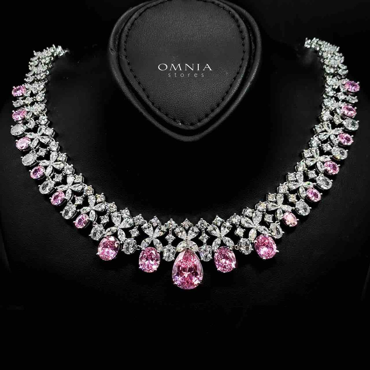 Omnia Suhana Pink Bridal Full Set with High-Quality Simulated Diamonds Rhodium Plated - OMNIASTORES UAE