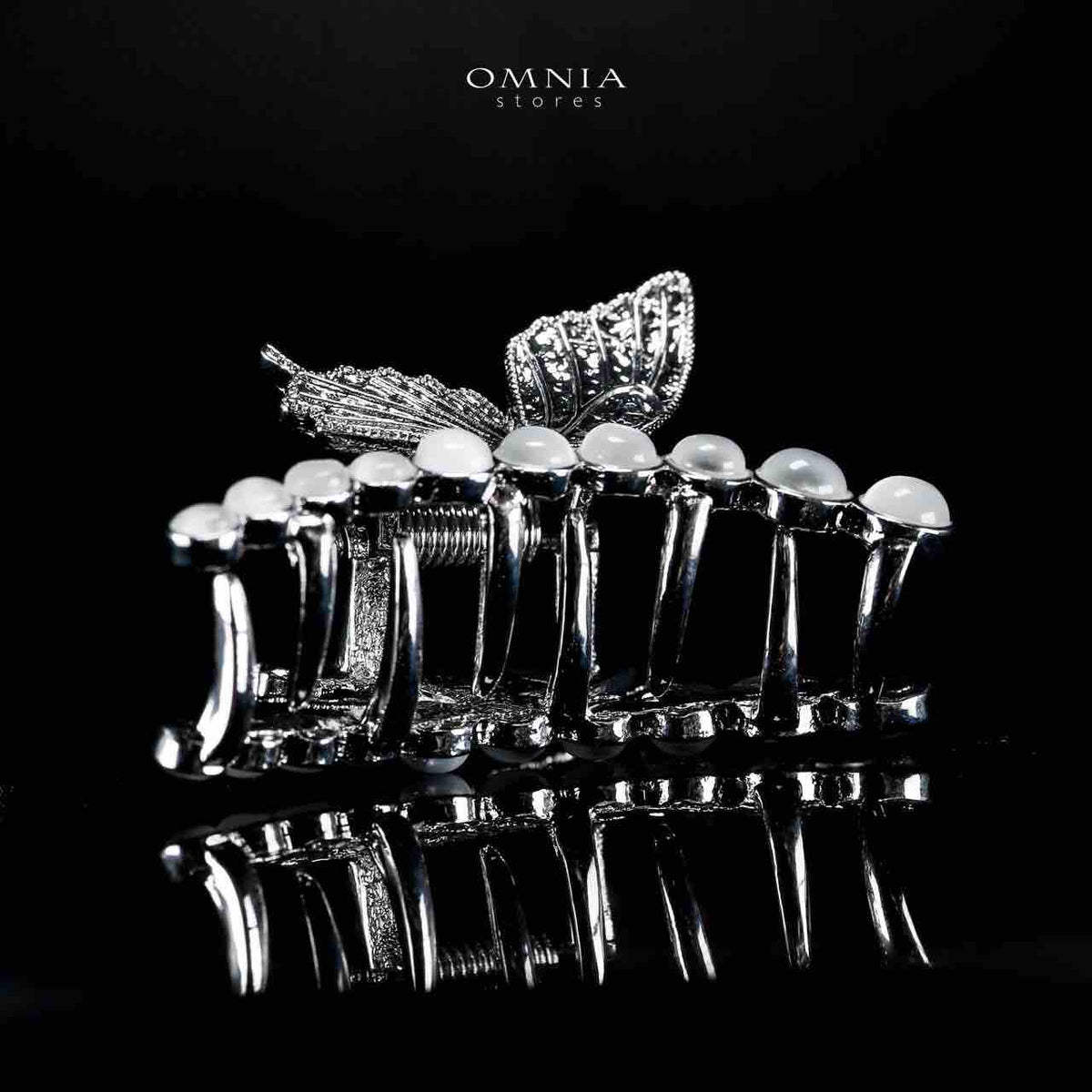 Omnia Ruwayda Pearl Butterfly Silver Hair Clip in High Quality Zircon Stone In Rhodium Plated - OMNIASTORES UAE