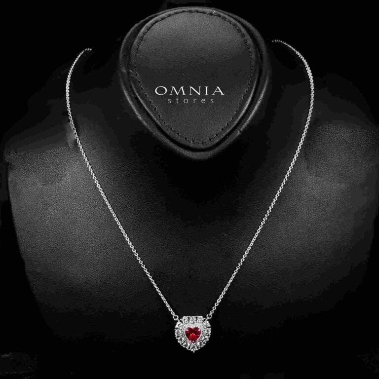 Omnia Lulwaan Silver Heart Shape Necklace In 925 Silver High Quality GRC Certified Red Lab Grown Ruby Stones