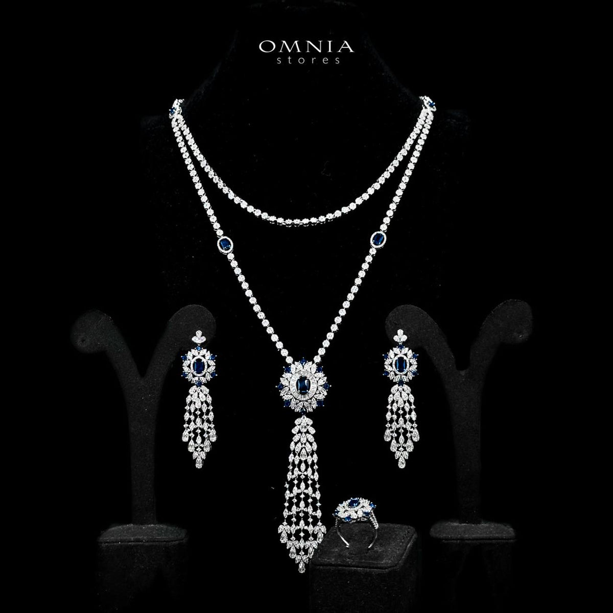 Omnia Ola Blue Bridal Long chain Set Accessories in High Quality Zircon Stone Rhodium Plated - OMNIASTORES UAE