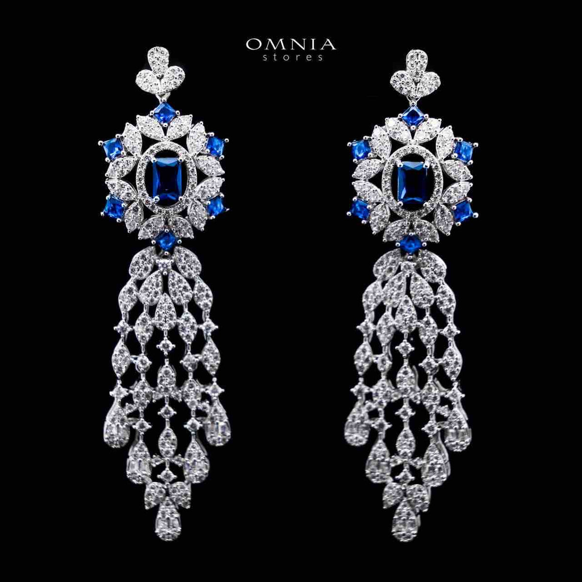 Omnia Ola Blue Bridal Long chain Set Accessories in High Quality Zircon Stone Rhodium Plated - OMNIASTORES UAE