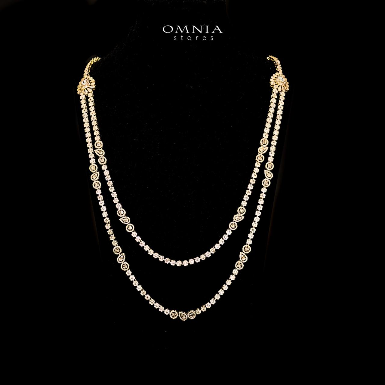 Omnia Ahad Bridal Golden Long Chain Set In Rhodium Plated With High Quality Zircon Stones