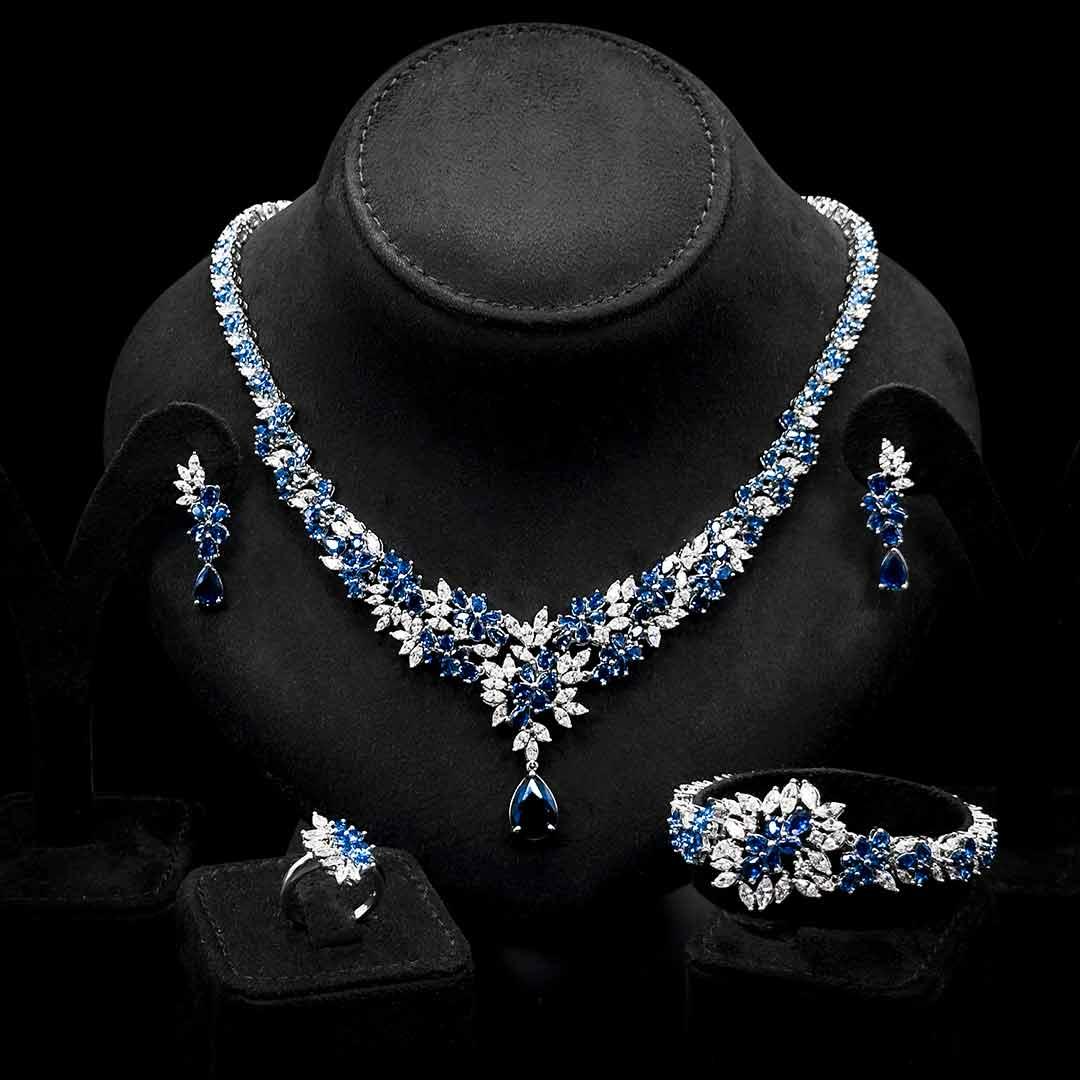 Omnia Nourah Blue Bridal Full Set in High Quality Zircon Stone in Rhodium Plated - OMNIASTORES UAE
