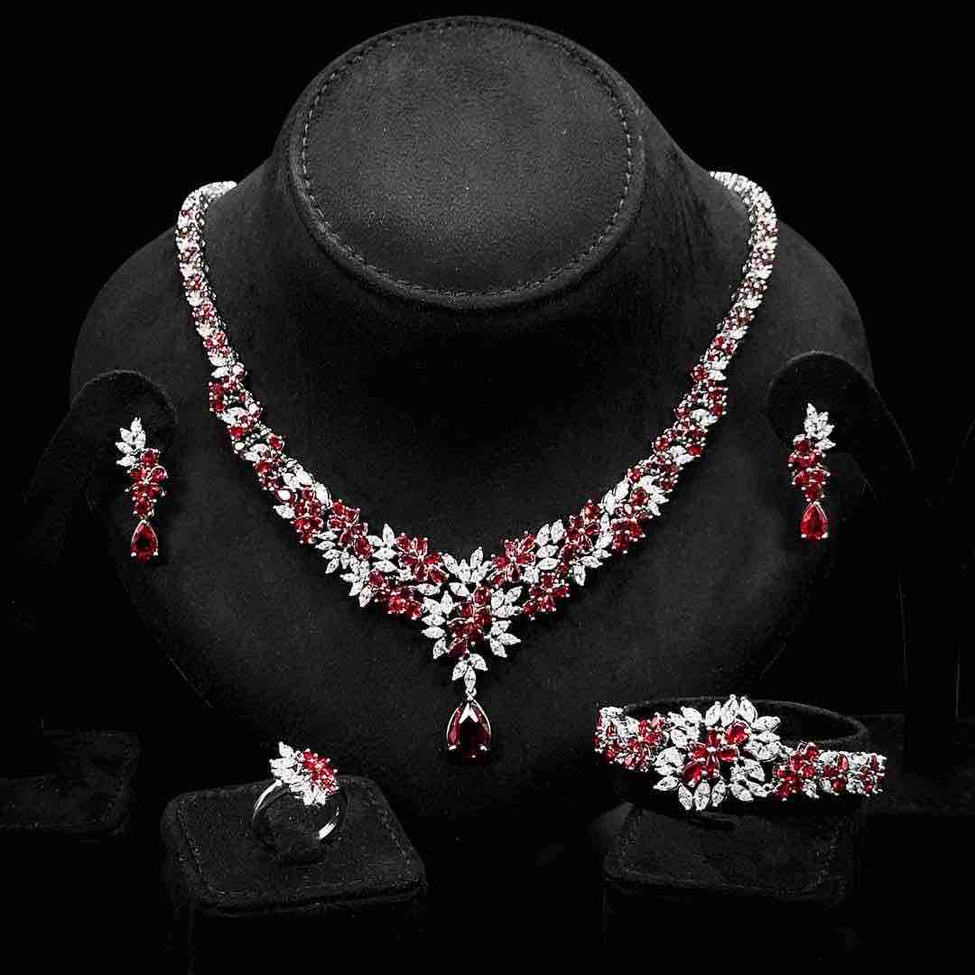 Omnia Nourah Maroon Bridal Full Set in High Quality Zircon Stone in Rhodium Plated - OMNIASTORES UAE