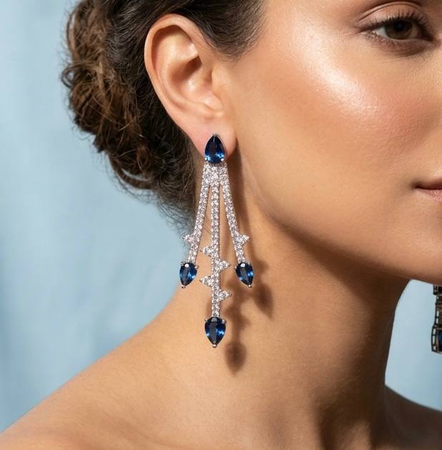 Yuliana Luxury Blue Bridal Full Set with High-Quality Premium Zircon Stones, Rhodium-Plated