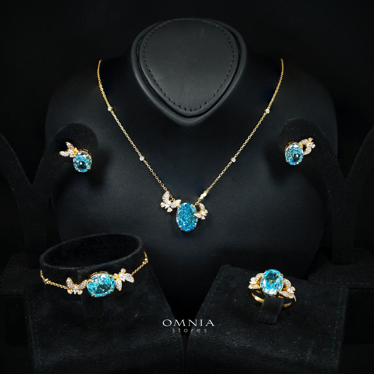 Omnia Maysun Baby Blue Gold Plated Full Set In 925 Silver High Quality Simulated Diamonds