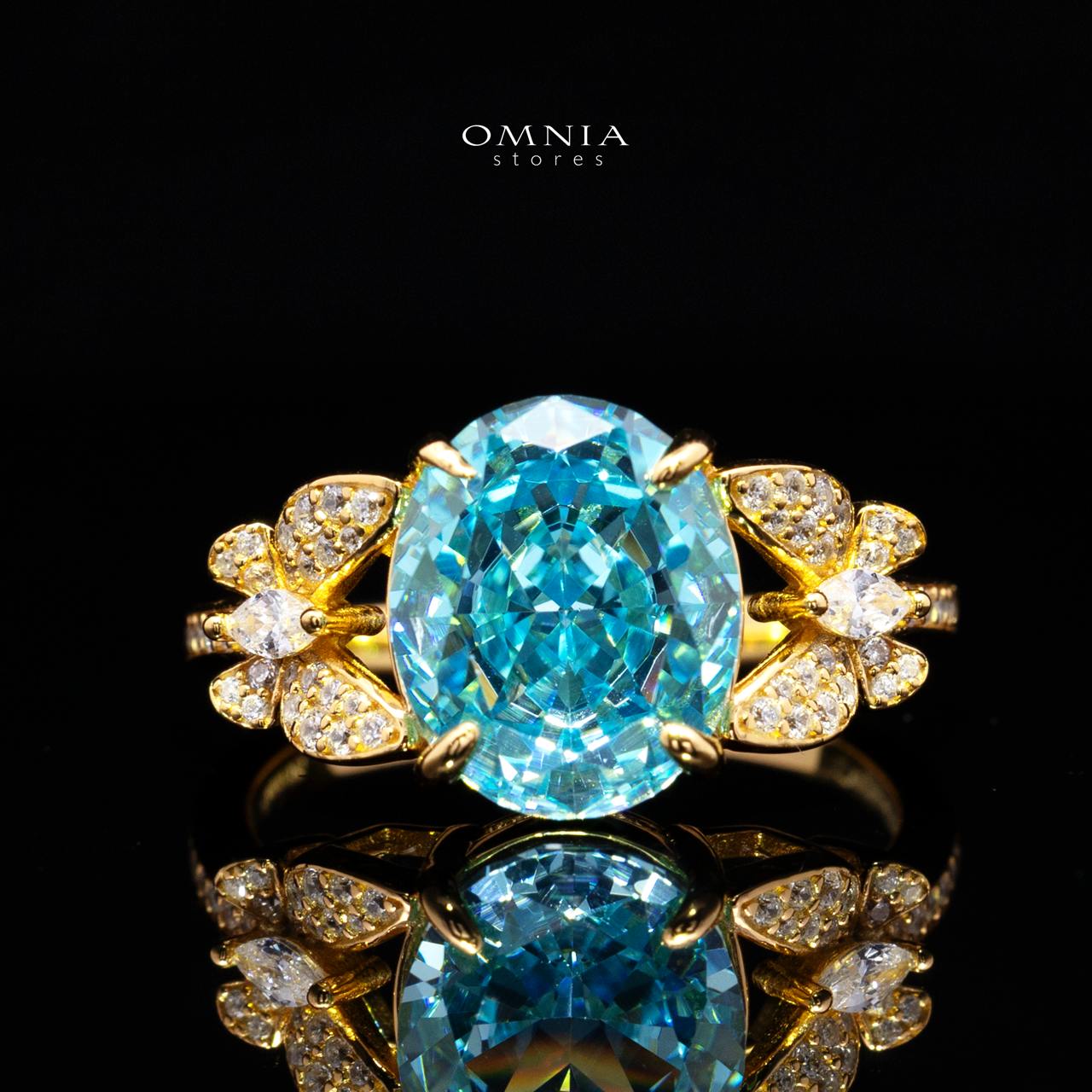 Maysun Baby Blue Gold-Plated Ring in 925 Silver with Premium Simulated Diamonds
