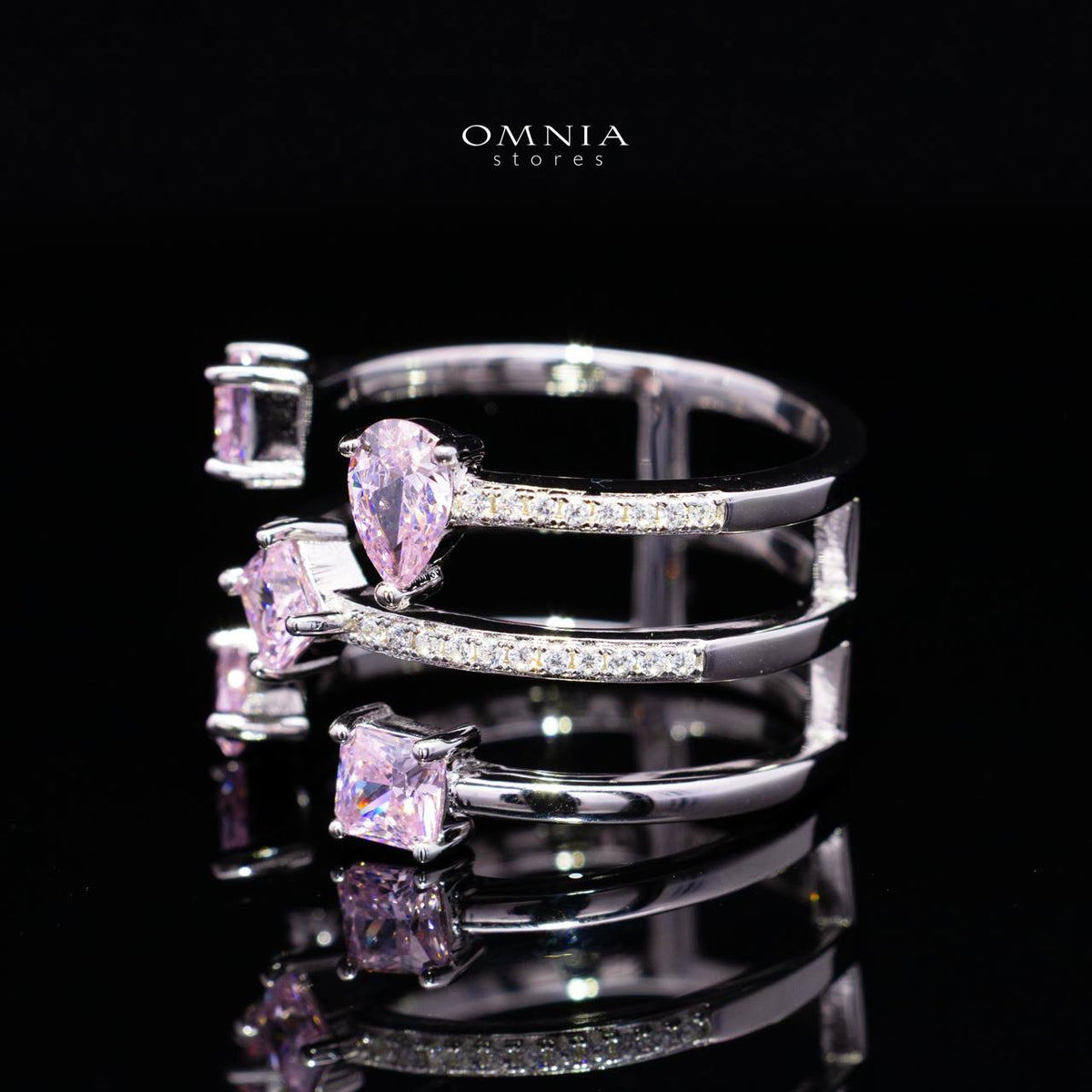 Kareenah Pink Open Cuff Ring in 925 Silver with Premium Simulated Diamonds