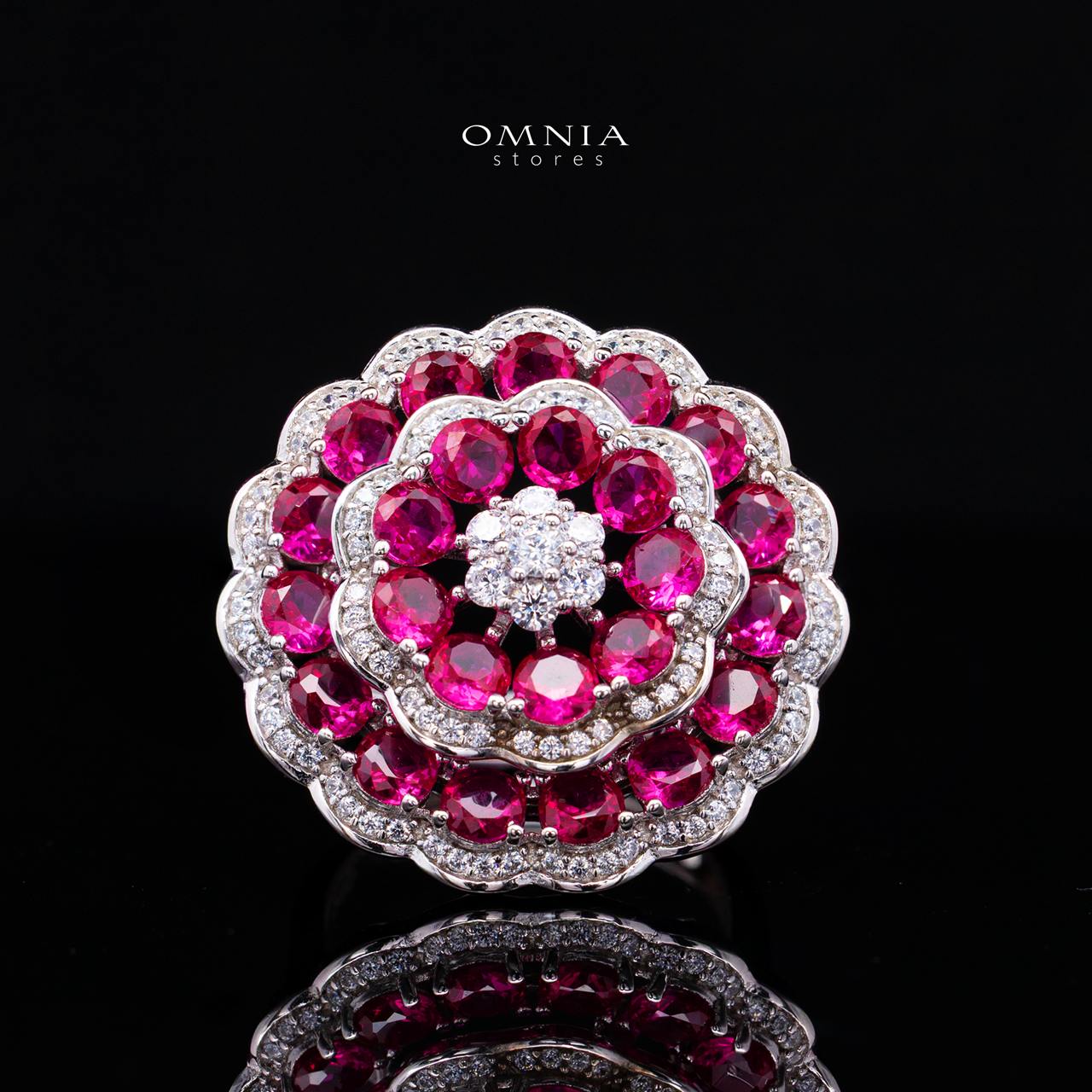 Omnia Nayeli Floral Halo Ring with Ruby Red Simulated Diamonds in 925 Silver