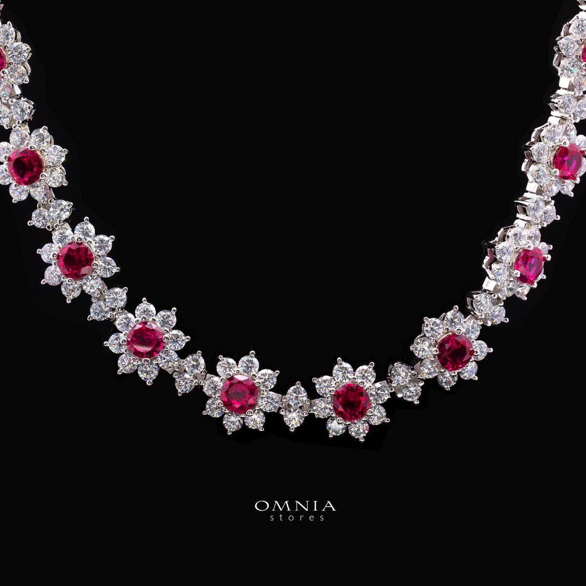 Talyra Red Flower Necklace with High-Quality Premium Simulated Diamonds in 925 Sterling Silver