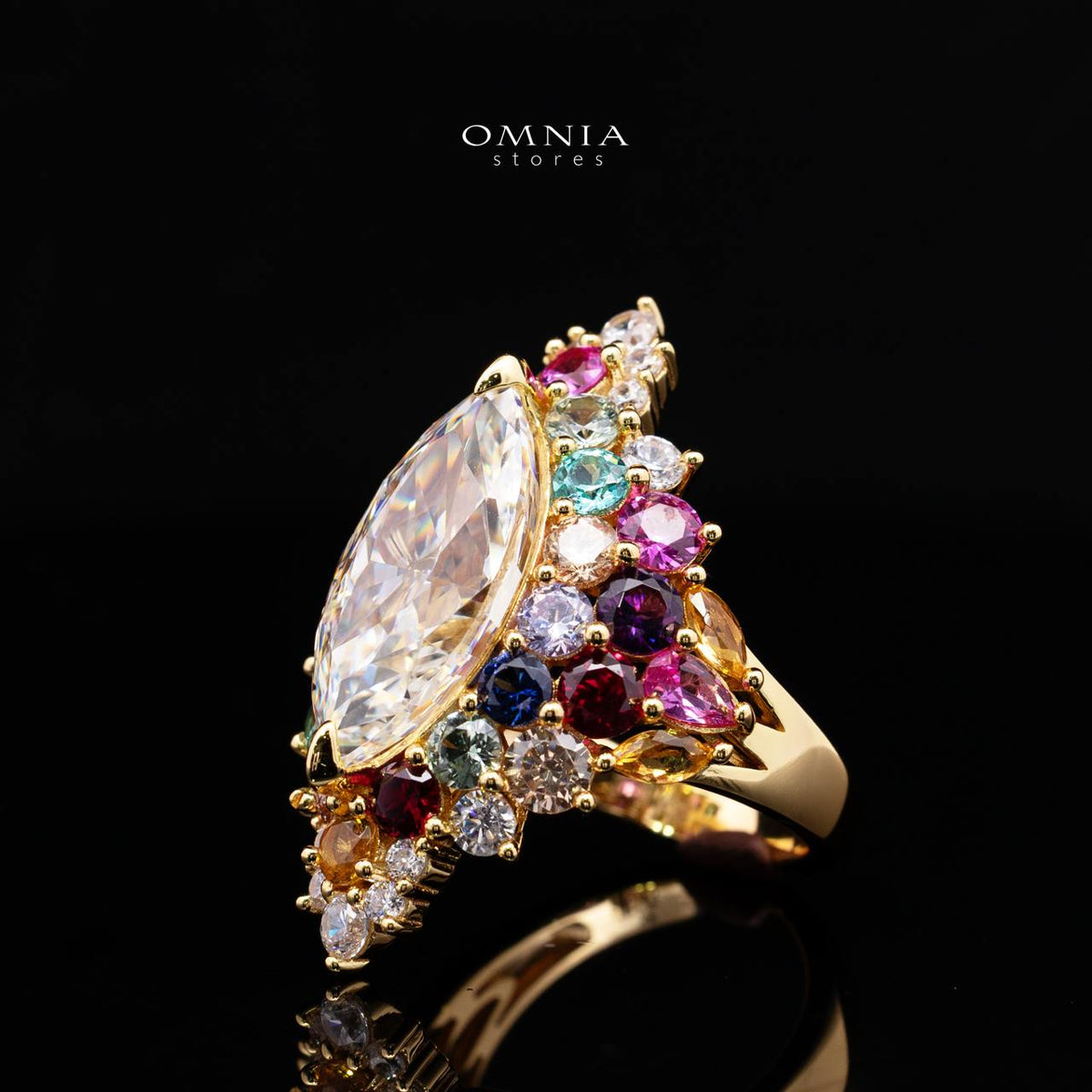 Azelene Royal Marquise Cut Ring with Simulated Diamonds, Multi-Color Crystals, and Certificate in 925 Sterling Silver