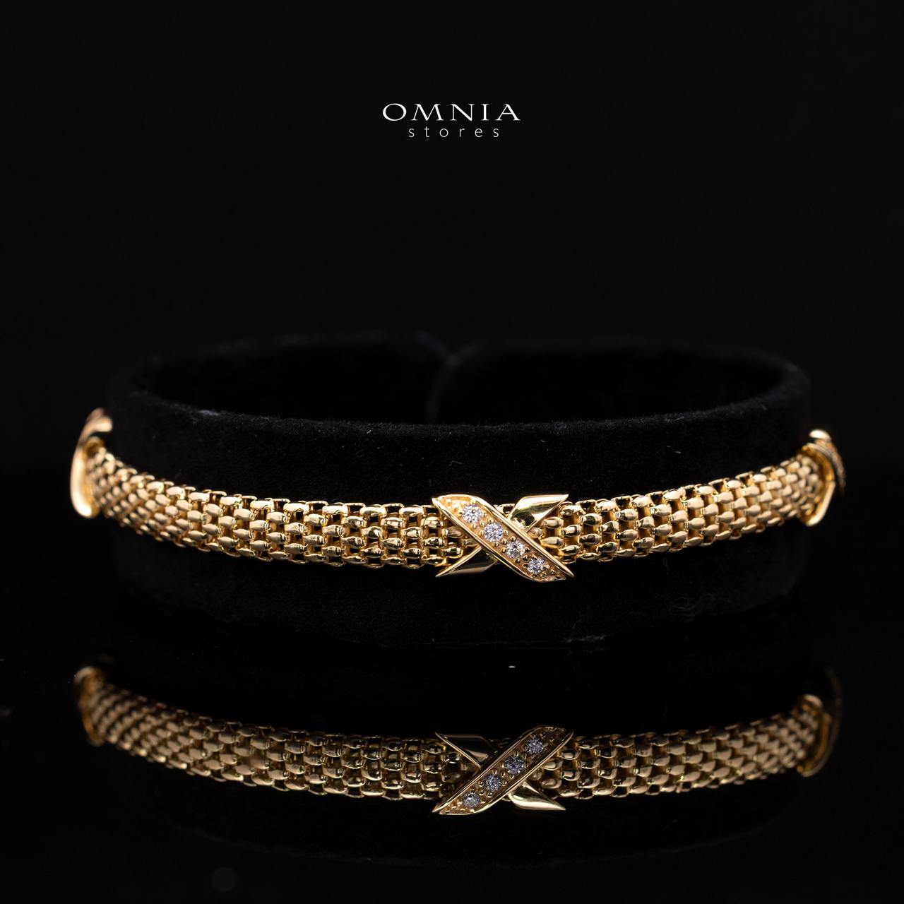 Cyrene Mesh Chain X-Cross Gold-Plated Bracelet with Premium Simulated Diamonds and Certificate in 925 Sterling Silver