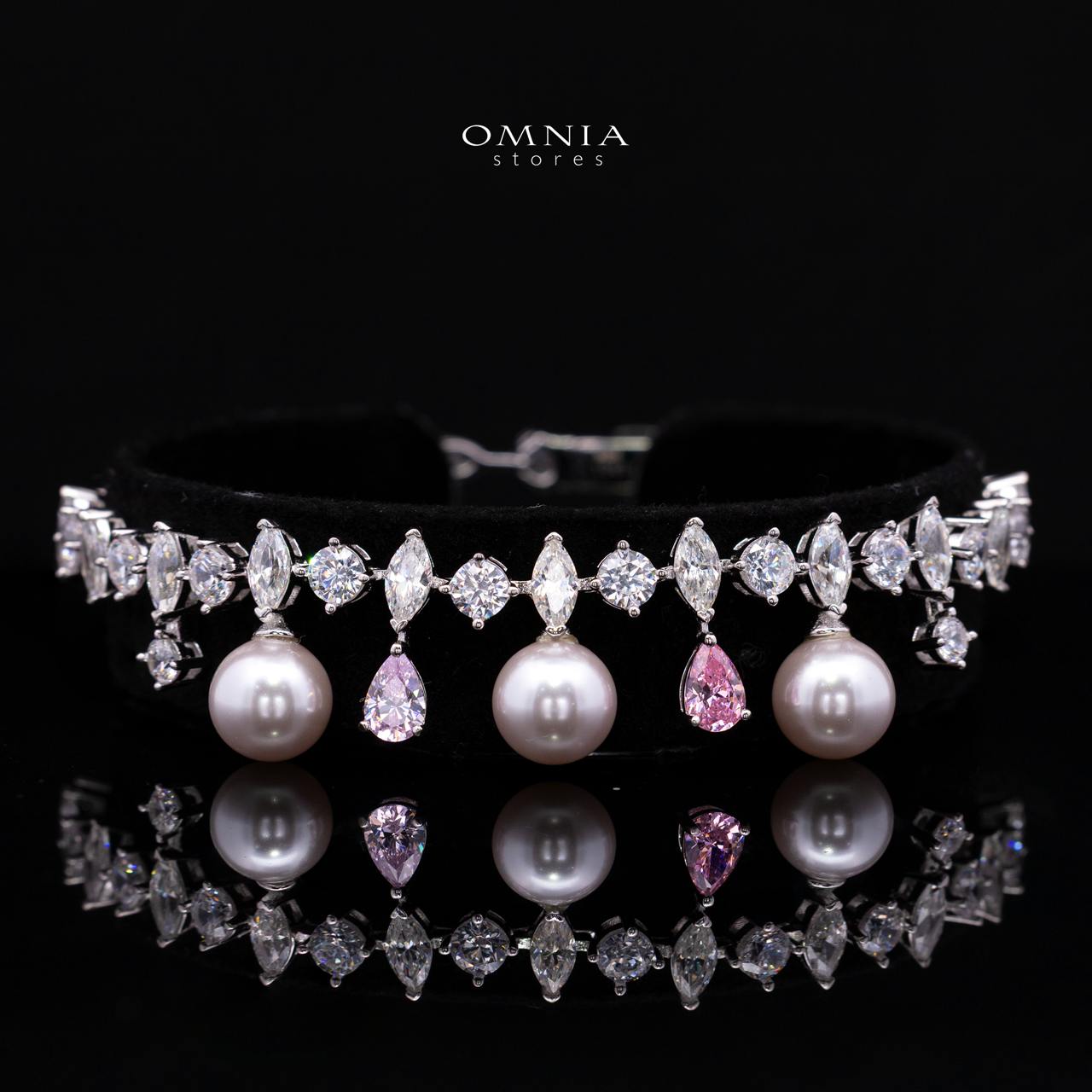 Eleniya Pearl and Pink Diamond Bracelet with Premium Simulated Diamonds and Certificate in 925 Sterling Silver
