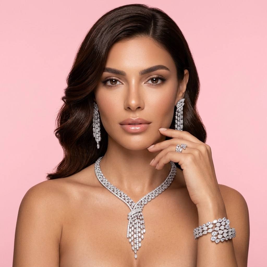 Omnia Fatma White Luxury Bridal Full Set in High Quality Zircon Stone in Rhodium Plated