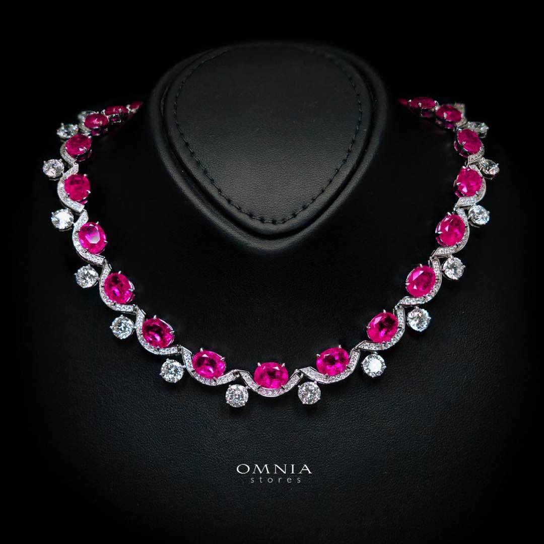Omnia Saraya Silver Pink Necklace In 925 Silver With High Quality Lab Crafted Stones 43CM
