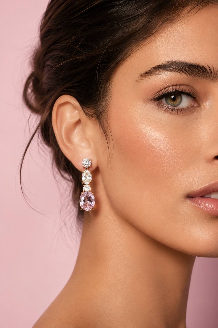 Omnia Rayla Gold and Pink Drop Earrings With High Quality Certified Lab Crafted Stones In 925 Silver 5ct