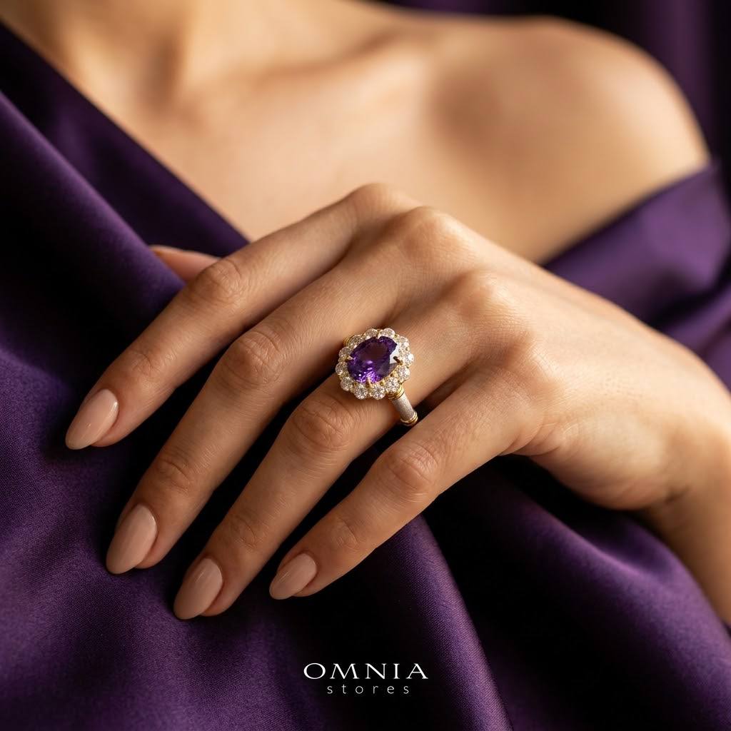 Omnia Amalya Flower Purple Gold Ring In 925 Silver High Quality Lab Crafted Stones