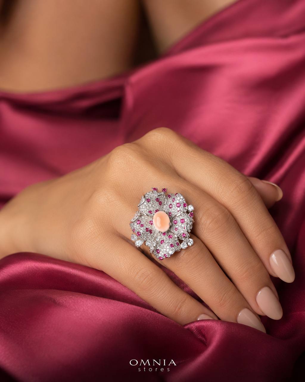 Omina Najiba Pink Coral Flower Ring in 925 Silver with High Quality Simulated Diamonds