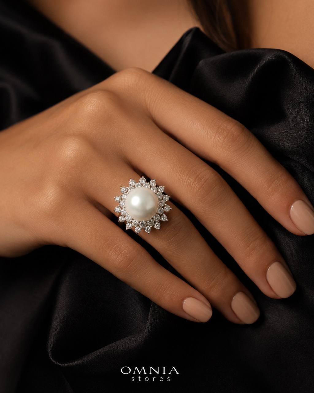 Tasneema Pearl Ring with High-Quality Premium Simulated Diamonds in 925 Sterling Silver