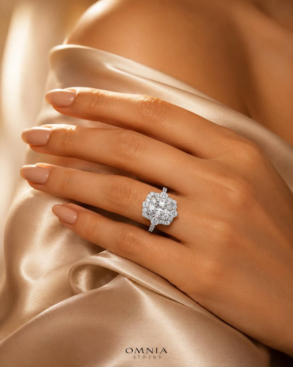 Nuwaira White Moissanite Radiant Halo Ring with Pavé Band – GRA Certified, 8x10mm (4ct), Rhodium-Plated 925 Sterling Silver