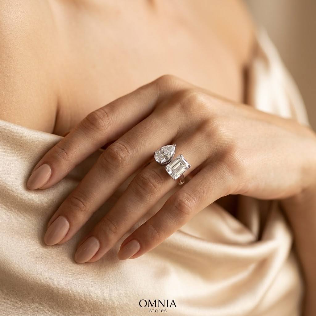 Ghaliah White Pear and Radiant Cut Ring GRA Certified in High Quality 925 Silver