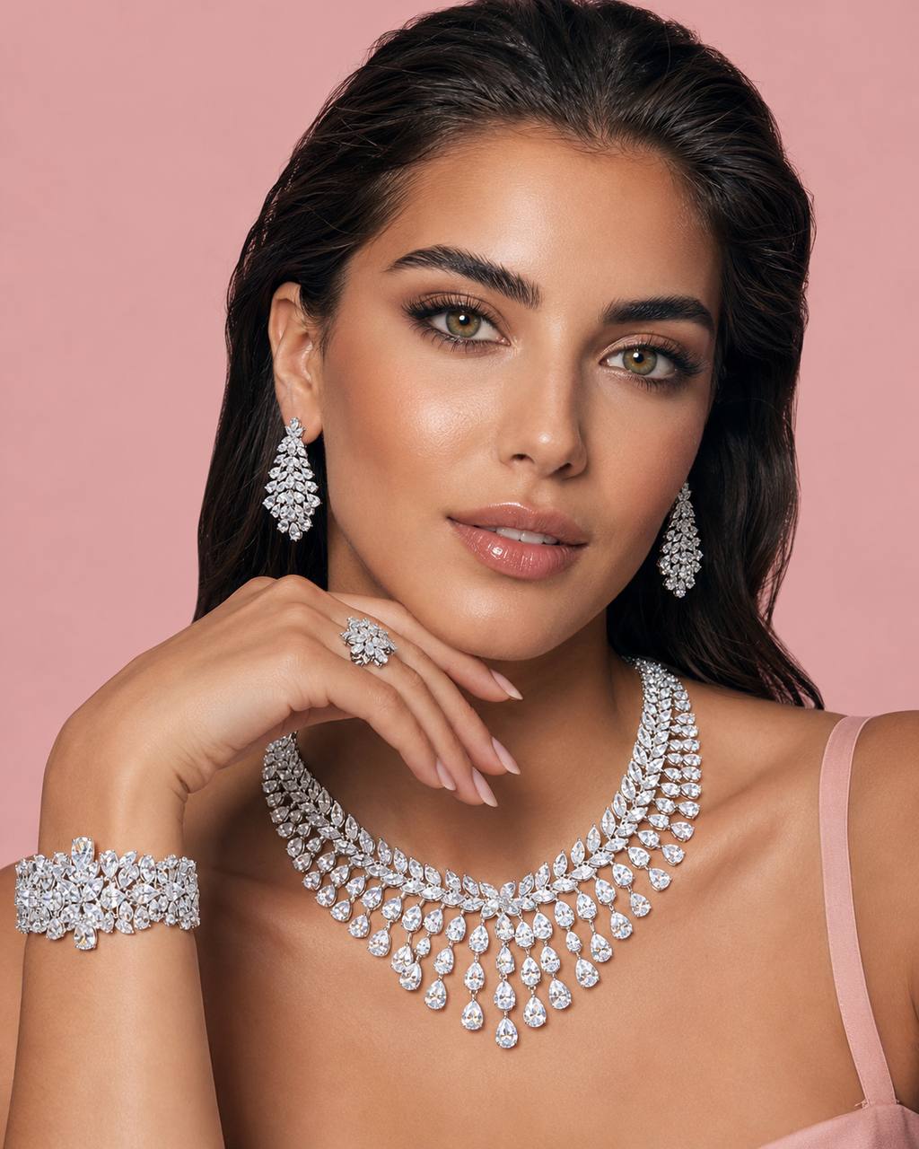 Omnia Sufia Luxury Bridal Full Set – Simulated Diamonds (Pear & Marquise Cut) Rhodium Plated