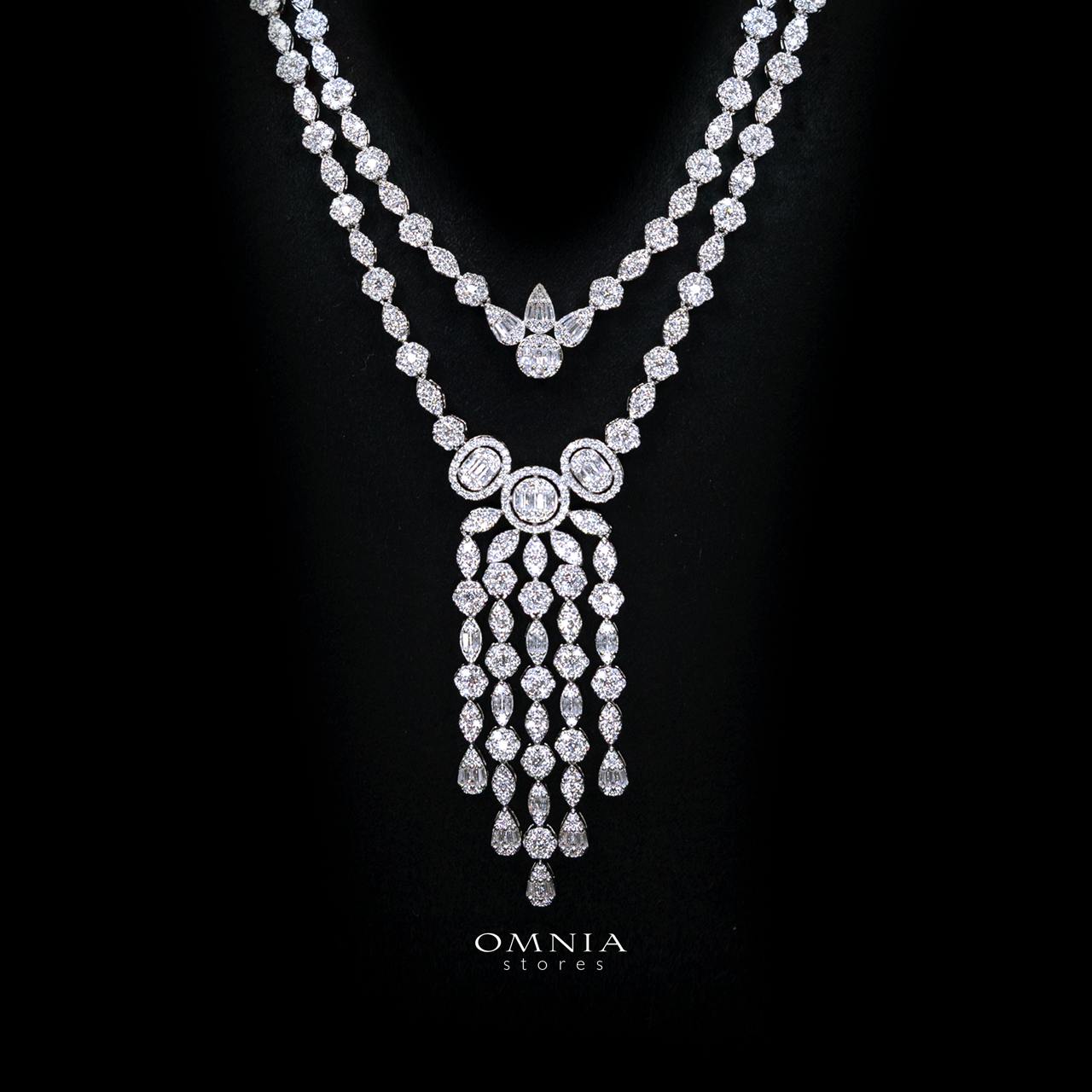 Avena White Long Chain Necklace and Earring Set with High-Quality Simulated Diamonds and Rhodium Plating