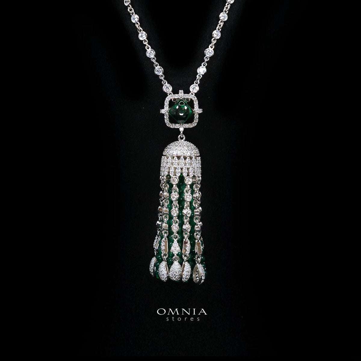 Emaniya Green Long Chain Necklace and Earring Set with High-Quality Premium Simulated Diamonds in 925 Sterling Silver