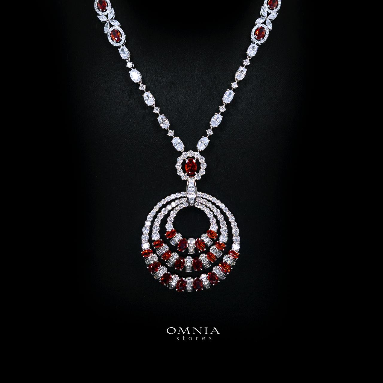 Selestine Red Long Chain Necklace and Earring Set with High-Quality Simulated Diamonds and Rhodium Plating