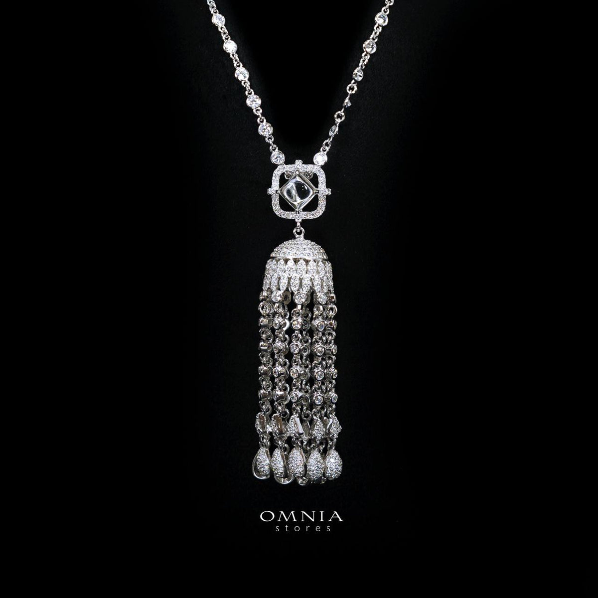 Emaniya White Long Chain Necklace and Earring Set with High-Quality Premium Simulated Diamonds in 925 Sterling Silver