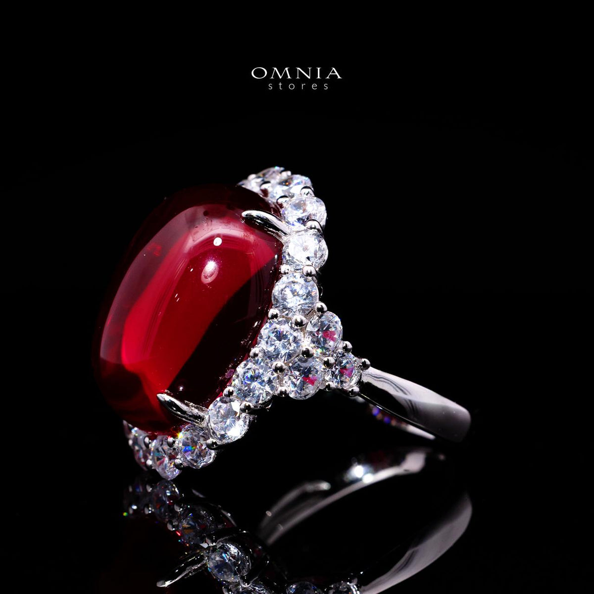 Malaika Imperial Red Gemstone Ring with Certified High-Quality Premium Simulated Diamonds in 925 Sterling Silver