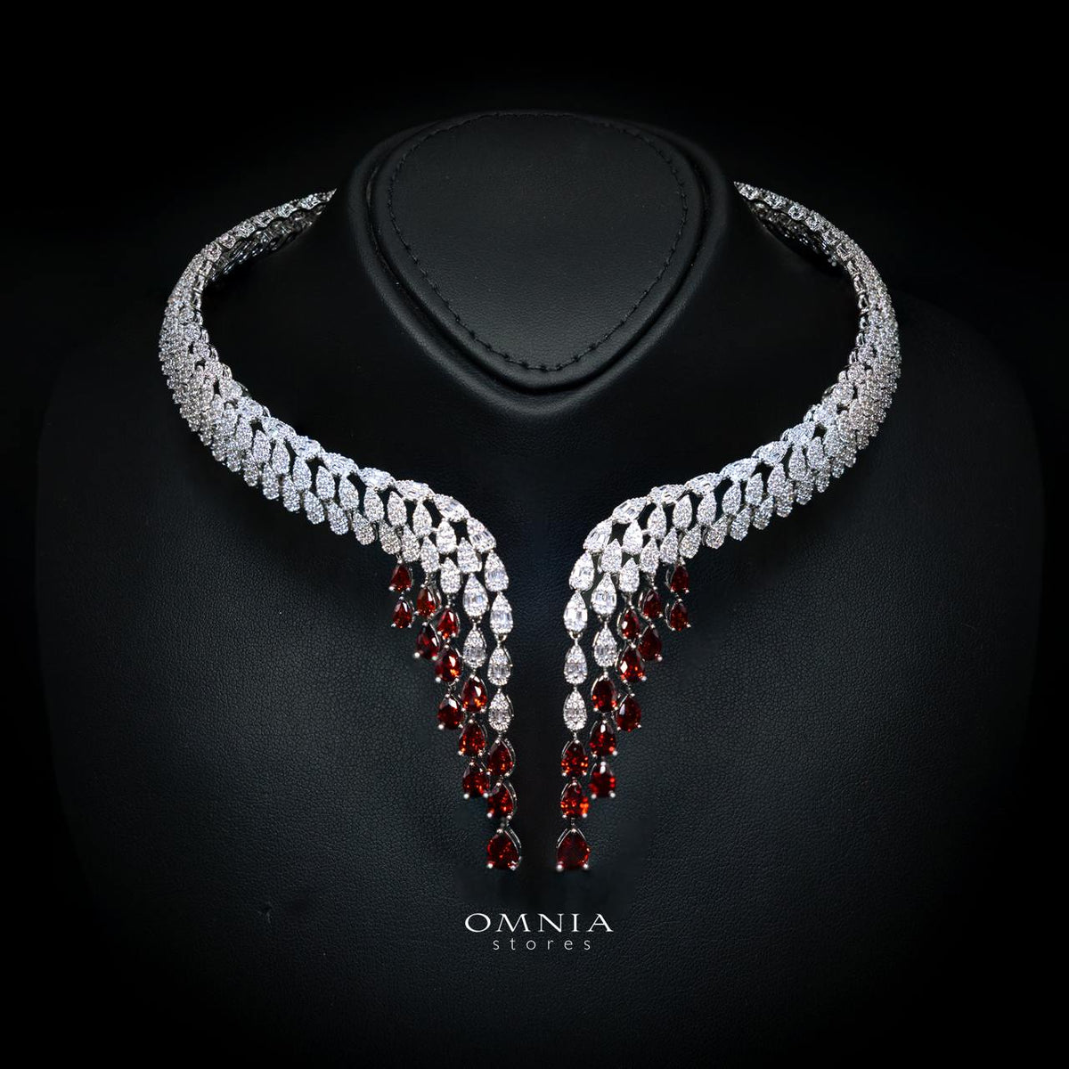 Omnia Senna Luxury Bridal Red Full Set in High Quality Zircon Stone Rhodium Plated