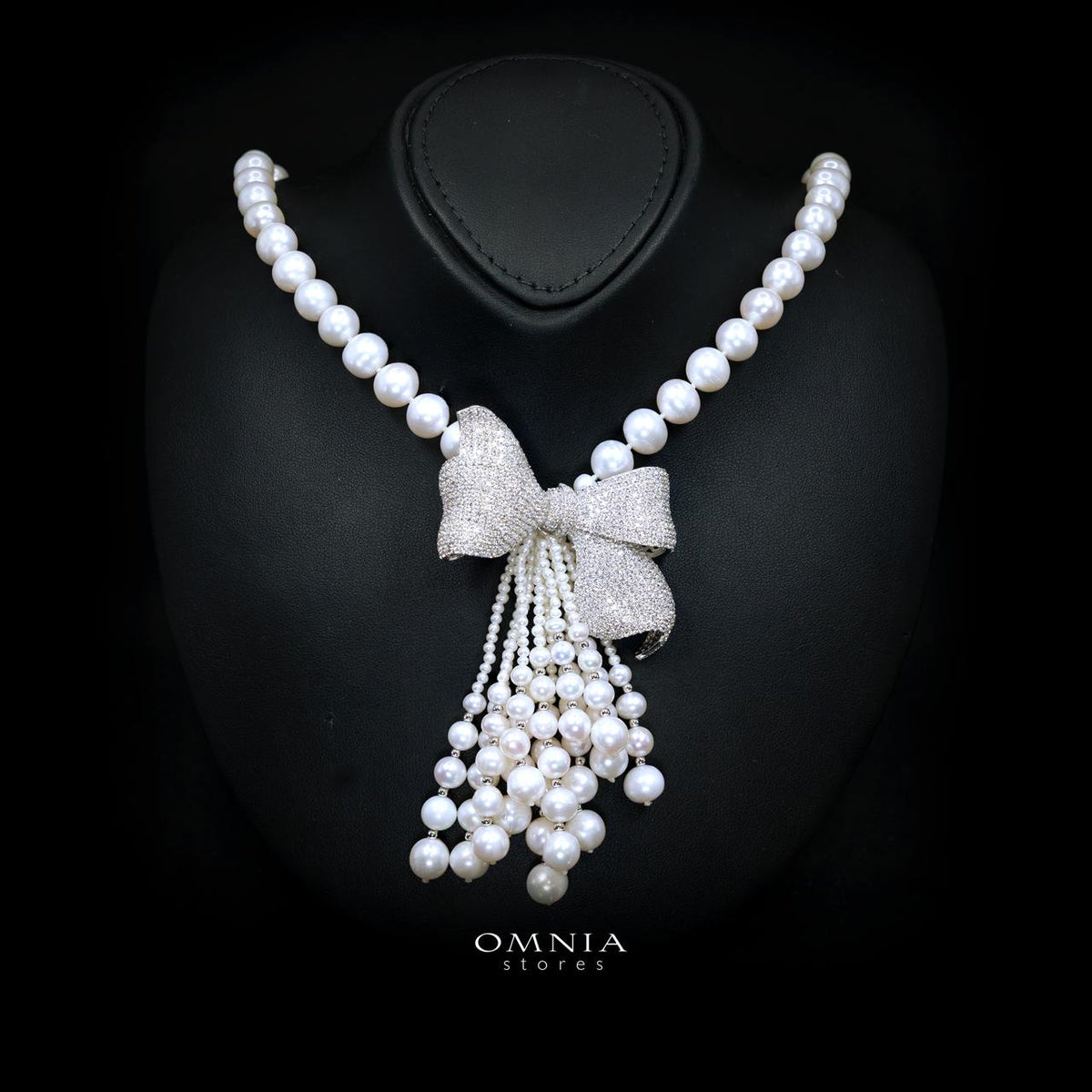 Mahzuna Pearl Necklace and Earrings Set with High-Quality Premium Simulated Diamonds in 925 Sterling Silver