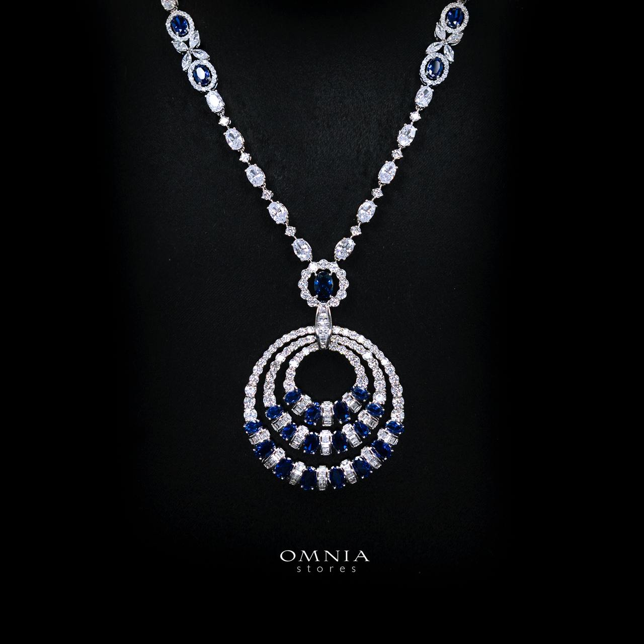Selestine Blue Long Chain Necklace and Earring Set with High-Quality Simulated Diamonds and Rhodium Plating