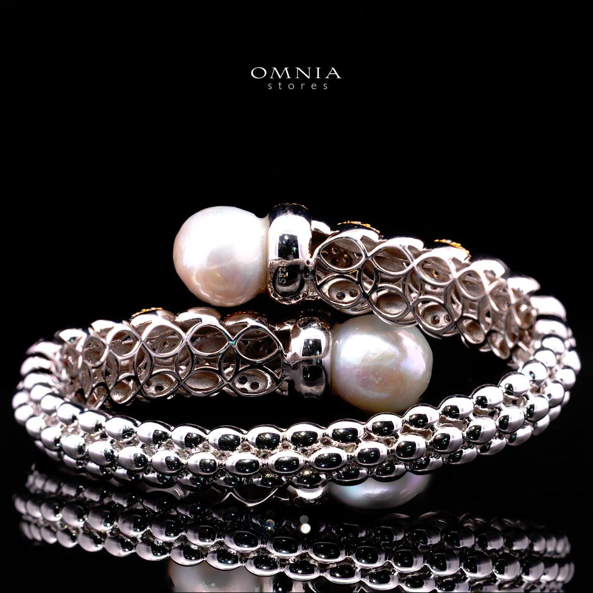 Dulce Royal Two-Tone Pearl Bangle with Premium Simulated Diamonds in 925 Sterling Silver