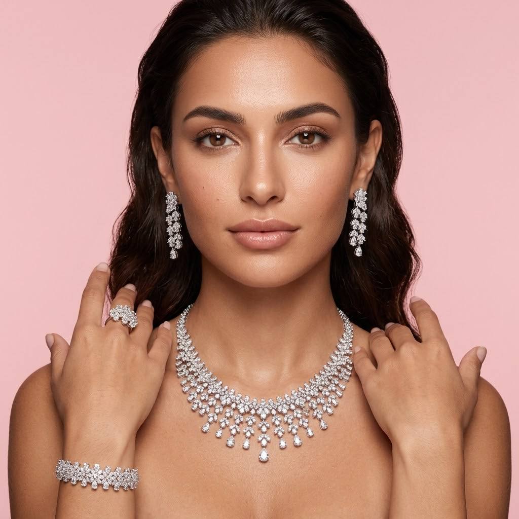 Omnia Reema Pure White Luxury Bridal Full Set in High Quality Zircon Stone Rhodium Plated