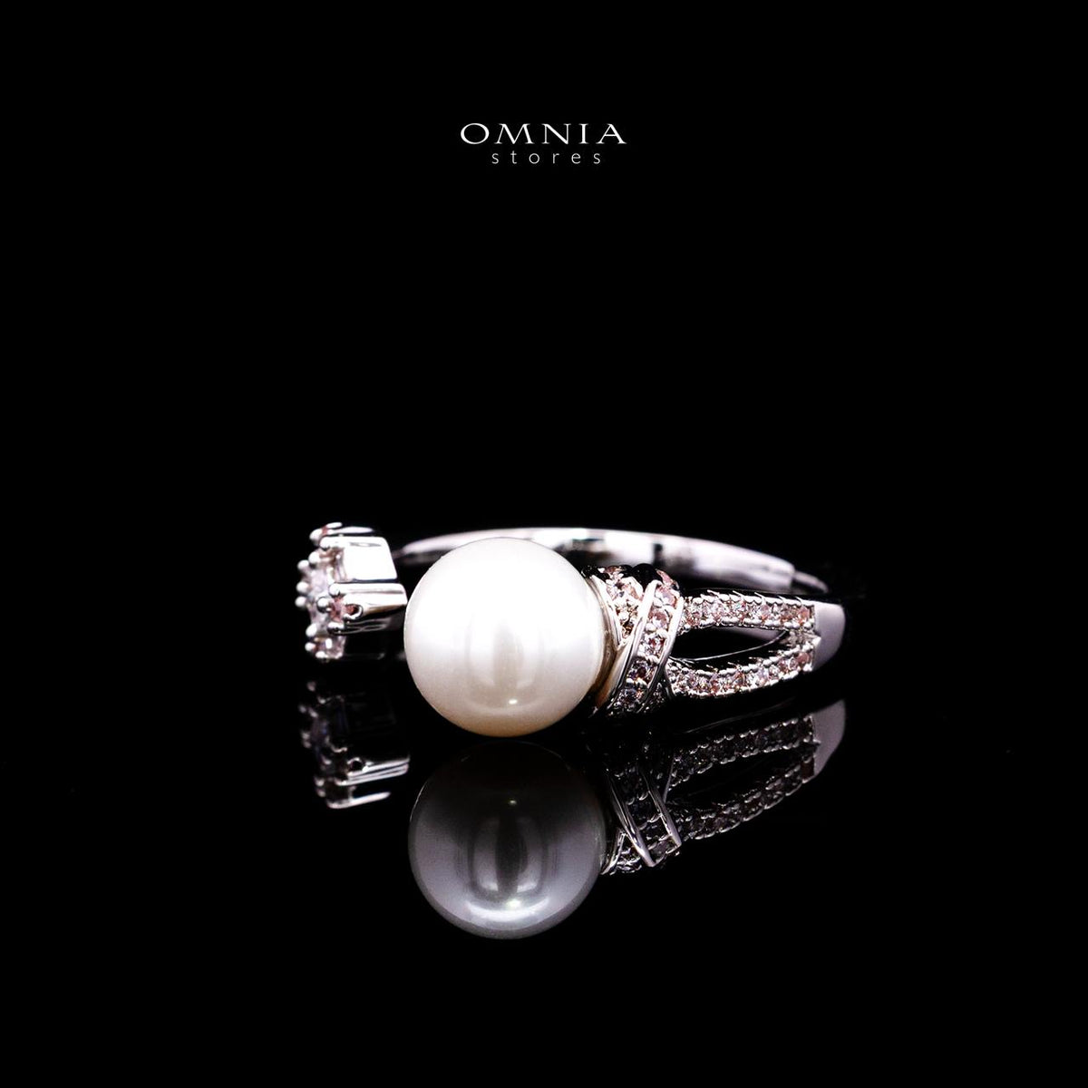 Nilda Pearl Bangle & Ring Set with Premium Simulated Diamonds in Rhodium-Plated Alloy