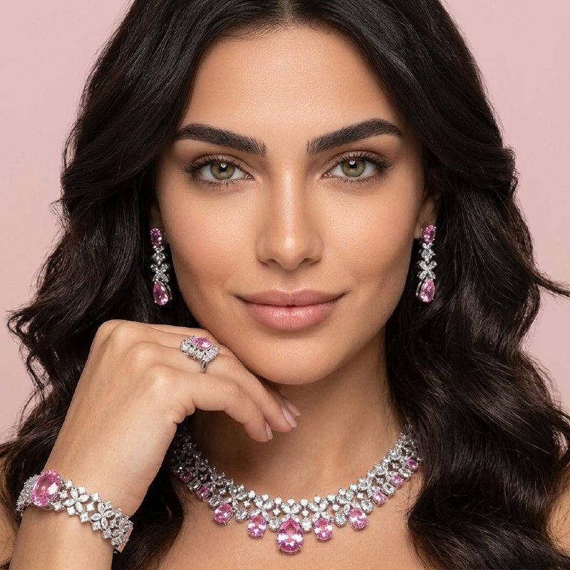 Omnia Suhana Pink Bridal Full Set with High-Quality Simulated Diamonds Rhodium Plated