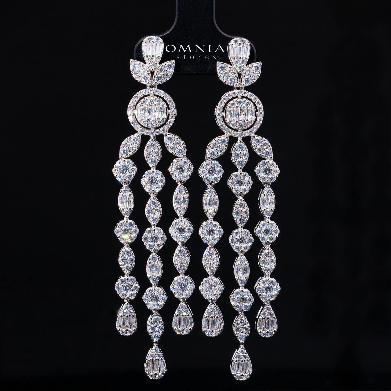Avena White Long Chain Necklace and Earring Set with High-Quality Simulated Diamonds and Rhodium Plating