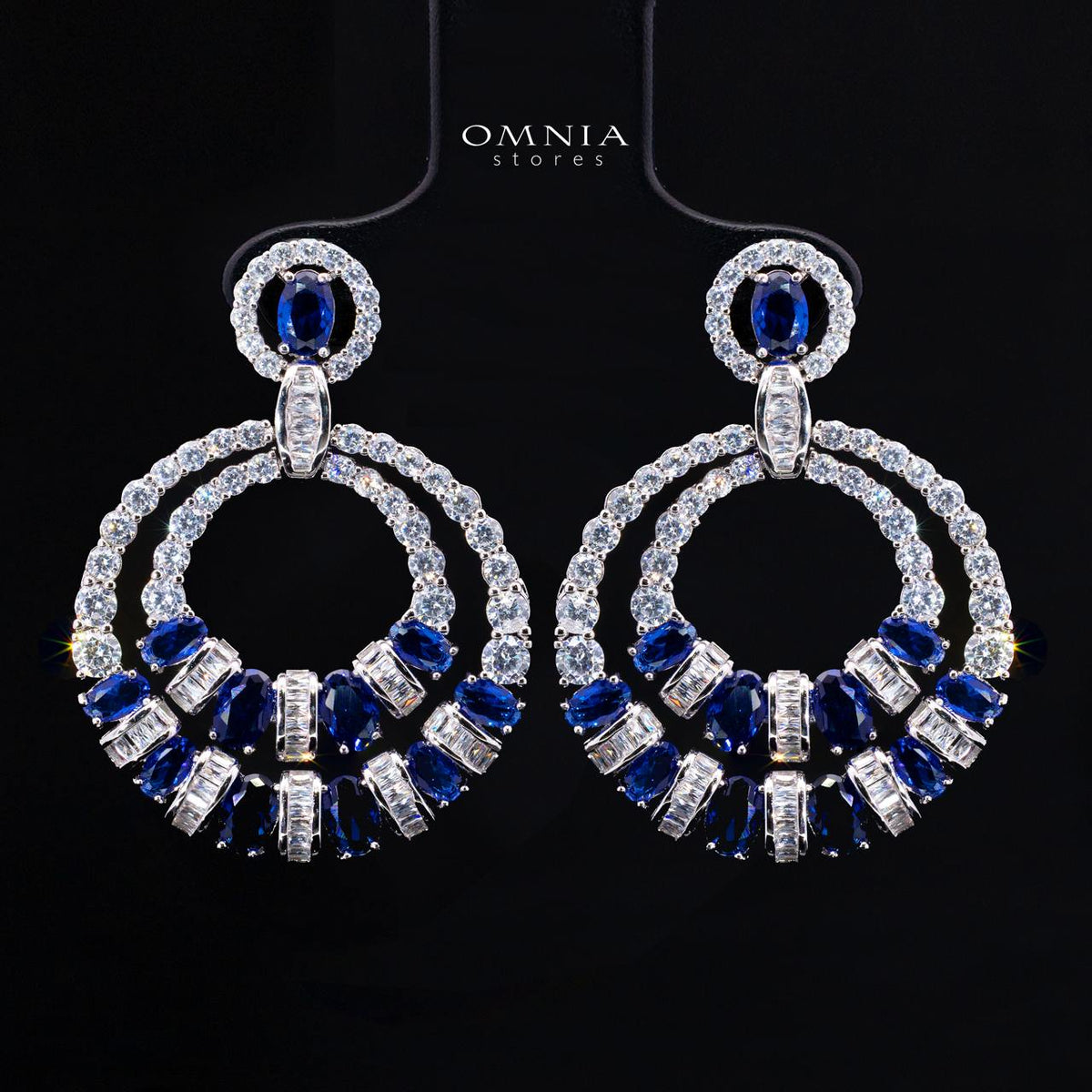 Selestine Blue Long Chain Necklace and Earring Set with High-Quality Simulated Diamonds and Rhodium Plating