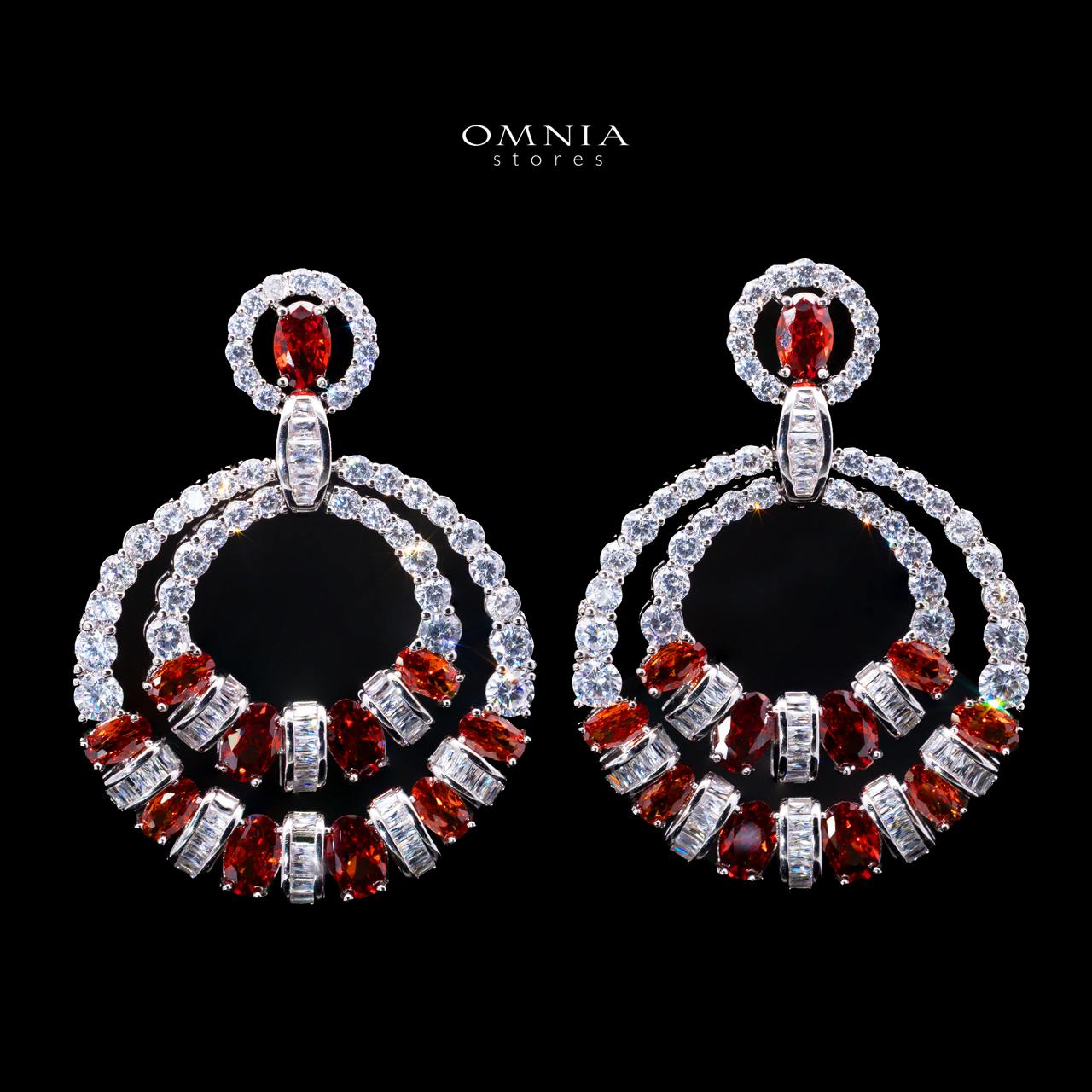 Selestine Red Long Chain Necklace and Earring Set with High-Quality Simulated Diamonds and Rhodium Plating